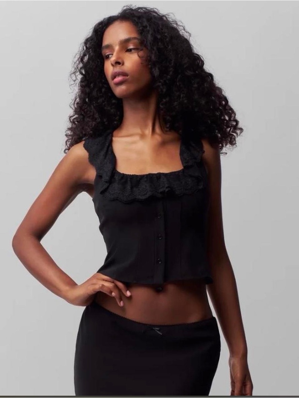 Danielle Guizio Black Ruffle Square-Neck Crop Top